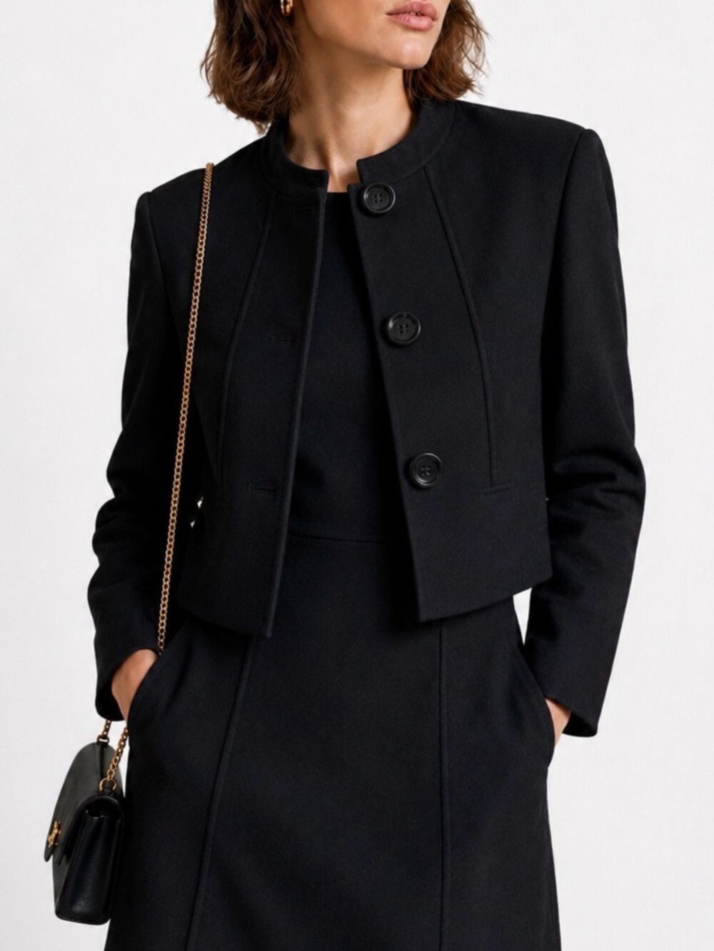 Women's Celine Black Wool Blend Cropped Blazer Jacket US 10/42 & Matching Dress
